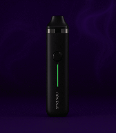 Black matte Nervous Pro vape rod with green LED indicator on a dark purple smoky background