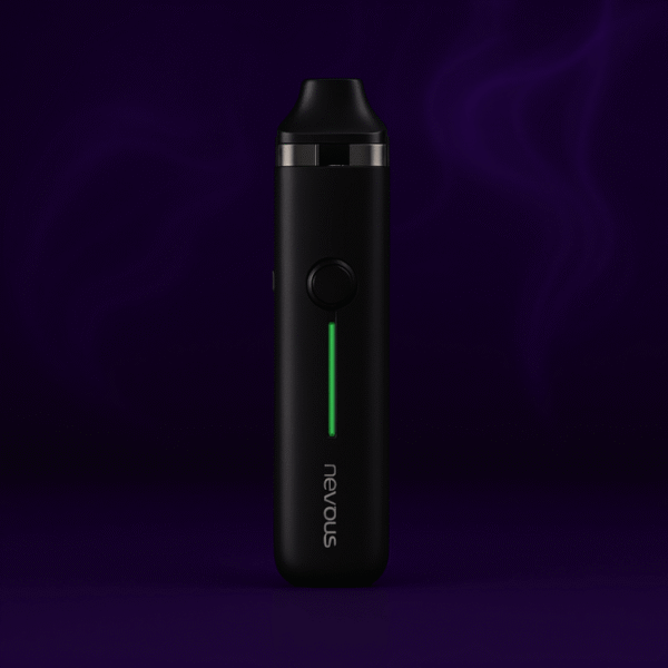 Black matte Nervous Pro vape rod with green LED indicator on a dark purple smoky background
