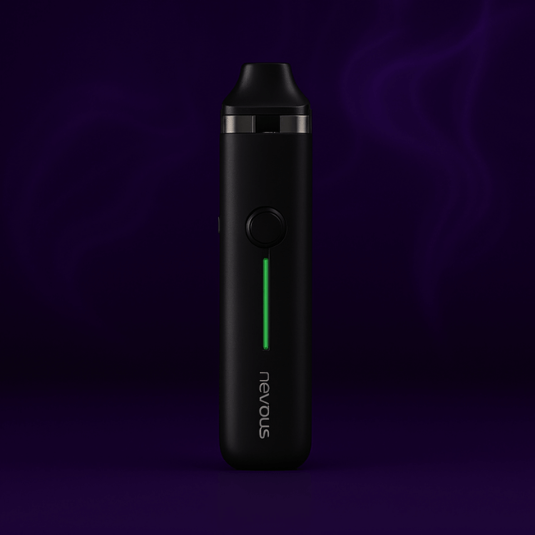 Black matte Nervous Pro vape rod with green LED indicator on a dark purple smoky background