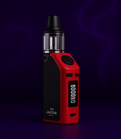 Red and black Jacob Ultra vape mod with OLED screen and cartridge tank on a smoky purple background