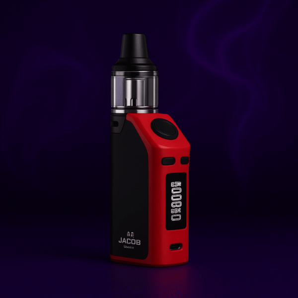 Red and black Jacob Ultra vape mod with OLED screen and cartridge tank on a smoky purple background