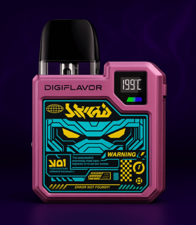 Digiflavor CyberBox vape mod with futuristic neon graphics and OLED temperature display