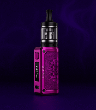 Purple Ecosy Vape Mod with floral engraving and OLED screen on a dark smoky background