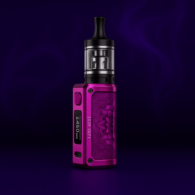 Purple Ecosy Vape Mod with floral engraving and OLED screen on a dark smoky background