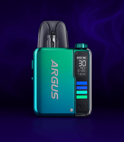 Argus compact vape pod with blue-green gradient and digital OLED screen on purple smoky background