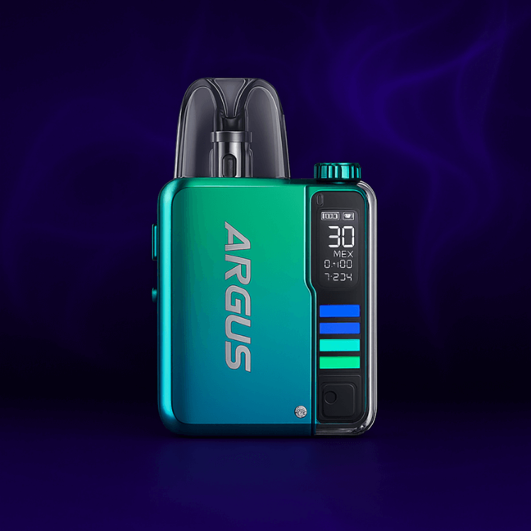 Argus compact vape pod with blue-green gradient and digital OLED screen on purple smoky background