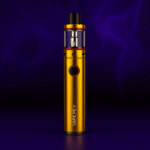 Gold Vape PEV vape pen with clear tank and red button on purple smoky background