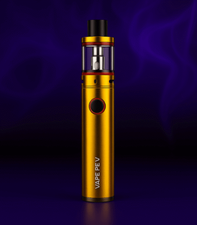 Gold Vape PEV vape pen with clear tank and red button on purple smoky background