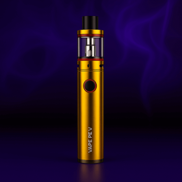 Gold Vape PEV vape pen with clear tank and red button on purple smoky background