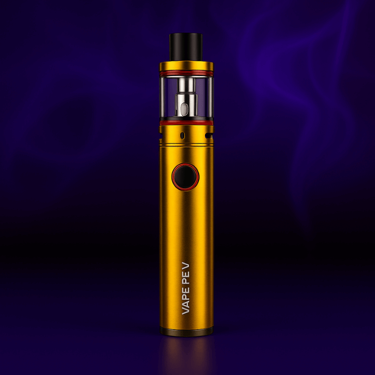 Gold Vape PEV vape pen with clear tank and red button on purple smoky background