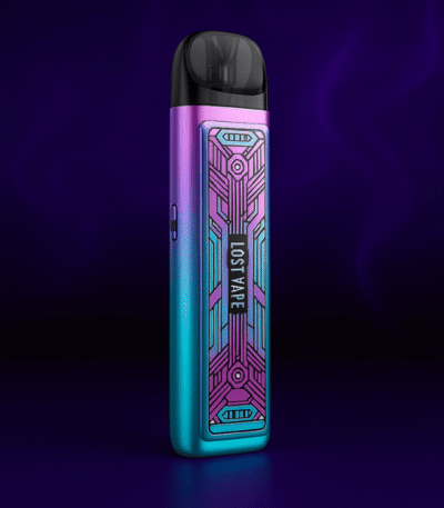 Lost Vape Prism Edition vape rod in gradient blue and purple with geometric panel on dark smoky background