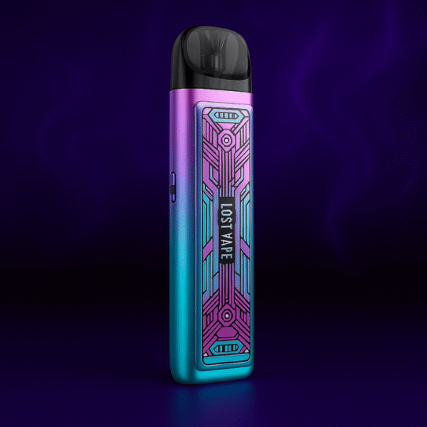 Lost Vape Prism Edition vape rod in gradient blue and purple with geometric panel on dark smoky background